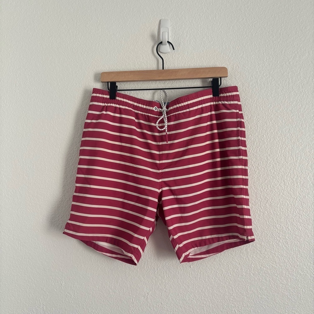 Bonobos Men's Size Medium Pink/White Stripe Swim Trunk Shorts 7" Inseam